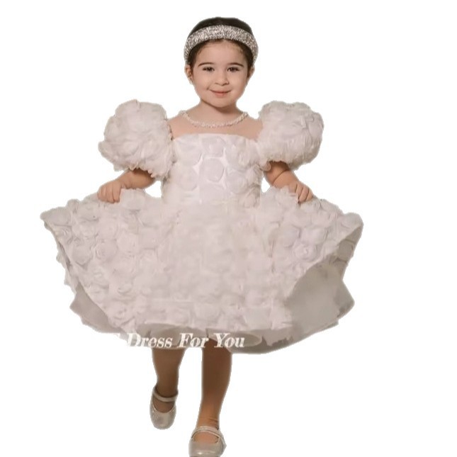 Vestido blanco de princesa con mangas abullonadas para el primer cumpleaños de una niña, con falda de tul. Ropa para bebés niñas de Sweet And Lovely Mother & Kids (0-3 años)._voghion.com