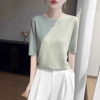 鱼骨纹中袖针织衫女新款洋气显瘦五分袖打底衫一线成衣内搭上衣