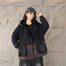 2025冬季新款 复古拼接贴布口袋加绒牛仔外套 宽松连帽开衫外套女