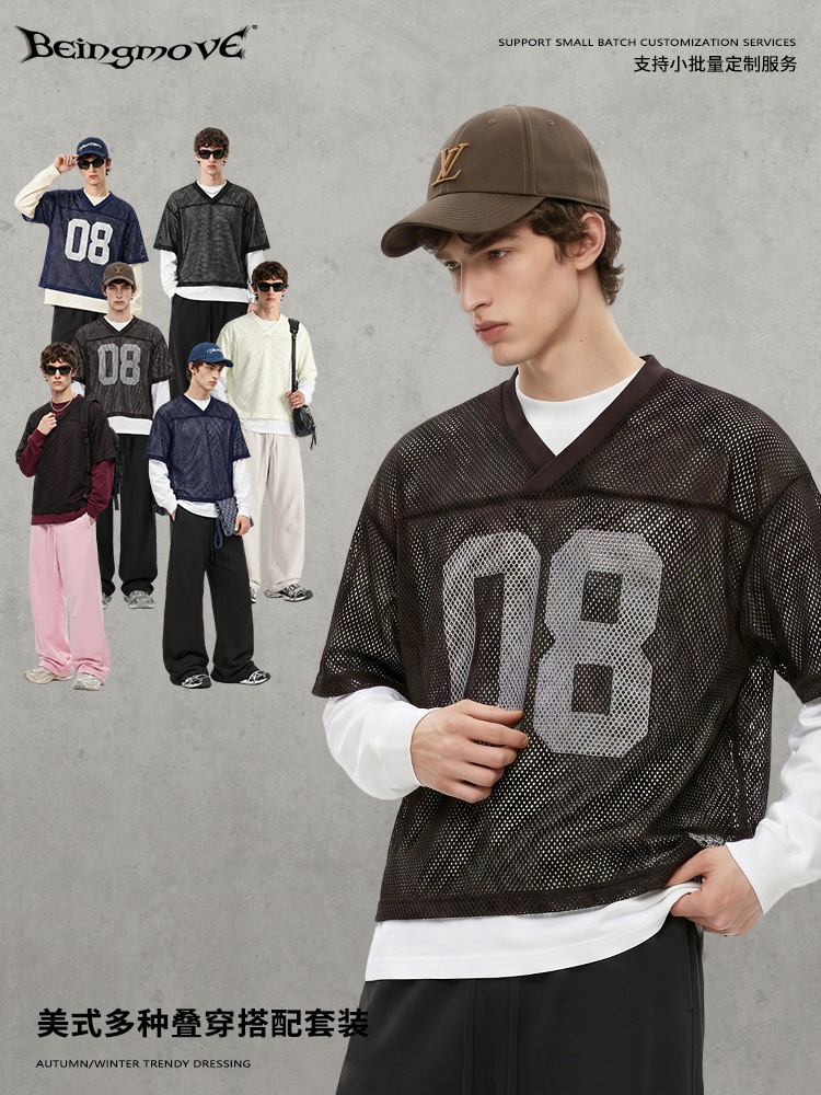 Calle secada| Marca de moda americana malla de manga corta cuello redondo suéter de color sólido recto pantalones largos sueltos trajes deportivos para hombre