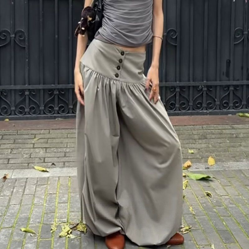 Korean-Style High-Waisted Slimming Pleated Design Wide-Leg Pants 2026 Summer Relaxed Lazy Style Drapey Lantern Loose Long Pants