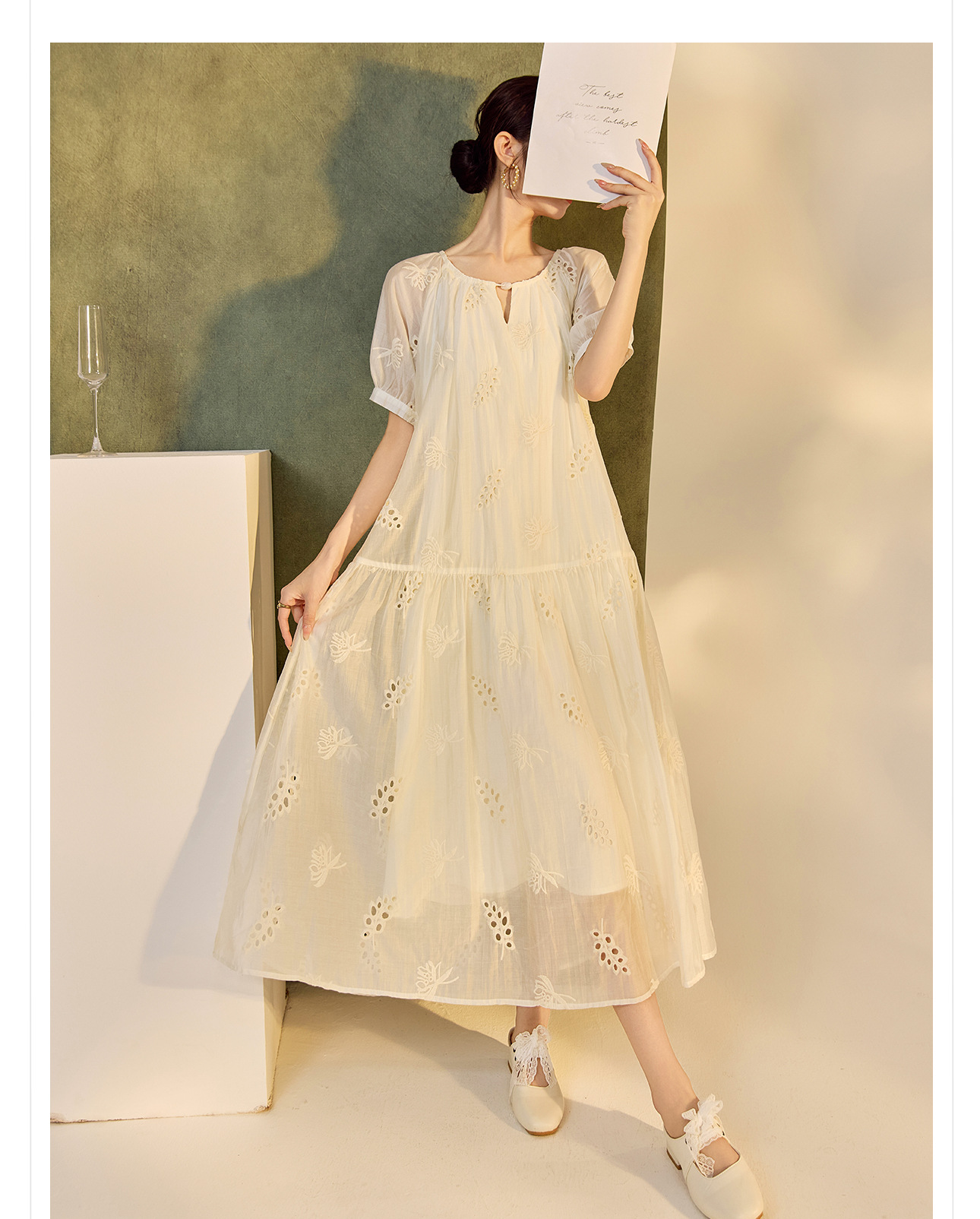 Váy suông midi Tencel phong cách Trung Quốc mới tay ngắn cổ tròn — Màu trắng be chi tiết 14