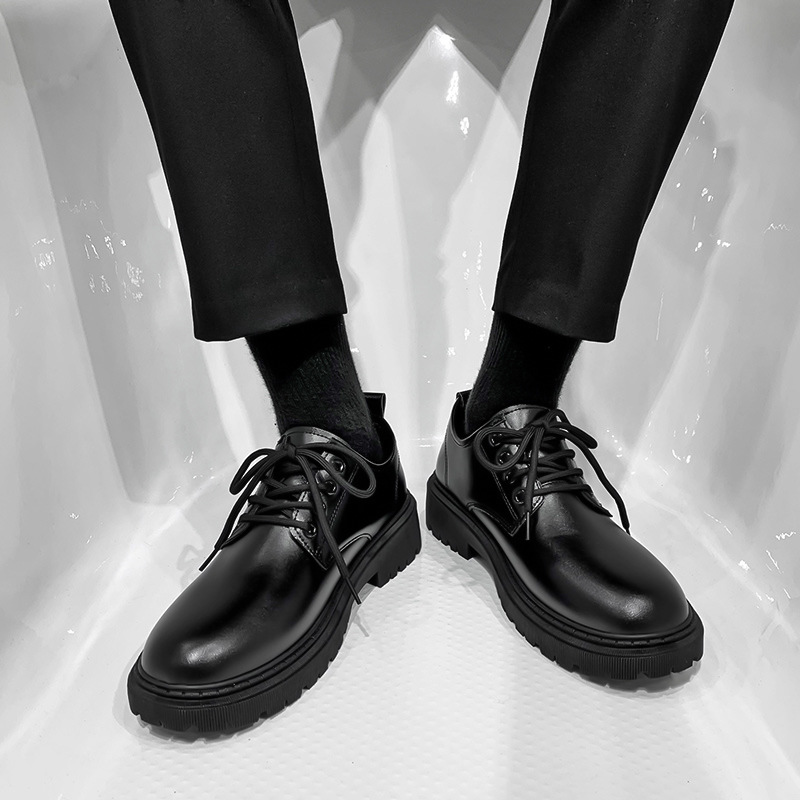 Lässige Herren-Schuhe im britischen und koreanischen Stil, schwarz, schmal geschnitten, aus Leder, trendig für den Herbst_voghion.com