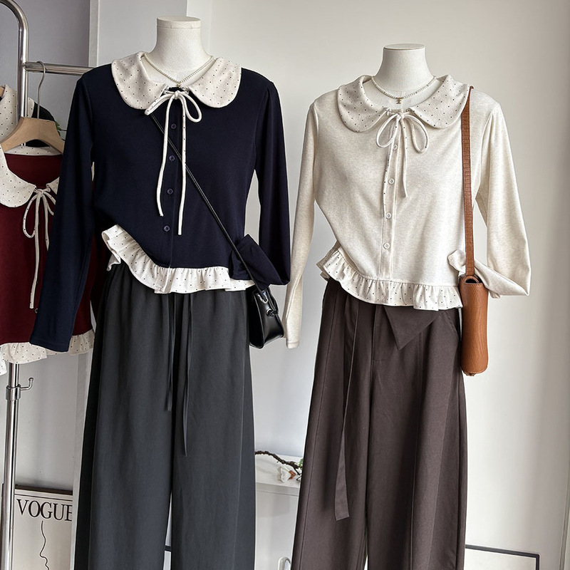 [Bizheng] 2026 Autumn New Korean Style Age-Reducing Polka Dot Doll Collar Bow Tie Long Sleeve Top 7592