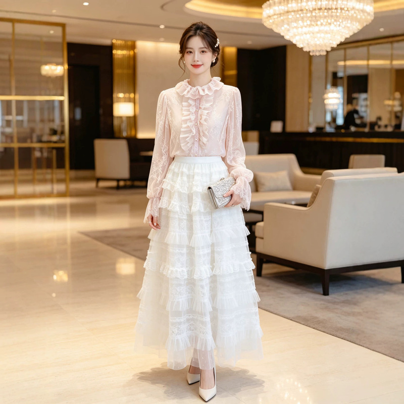 French-Style Ruffled Lace Shirt for Women, Pink Stand-Up Collar, Bell Sleeves, Gentle and Fairy-Like Long-Sleeve Top, Nanyou French-Style Ruffled Lace Shirt for Women, Pink Stand-Up Collar, Bell Sleeves, Gentle and Fairy-Like Long-Sleeve Top, Nanyou