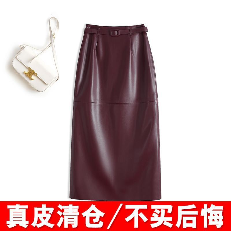 Genuine Leather Skirt for Women, 2025 New Autumn and Winter High-Waisted Slimming Mid-Length Slit Elegant Pencil Skirt