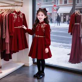 女童连衣裙秋冬新款中大童红色喜庆拜年服主持人演出礼服裙子童装