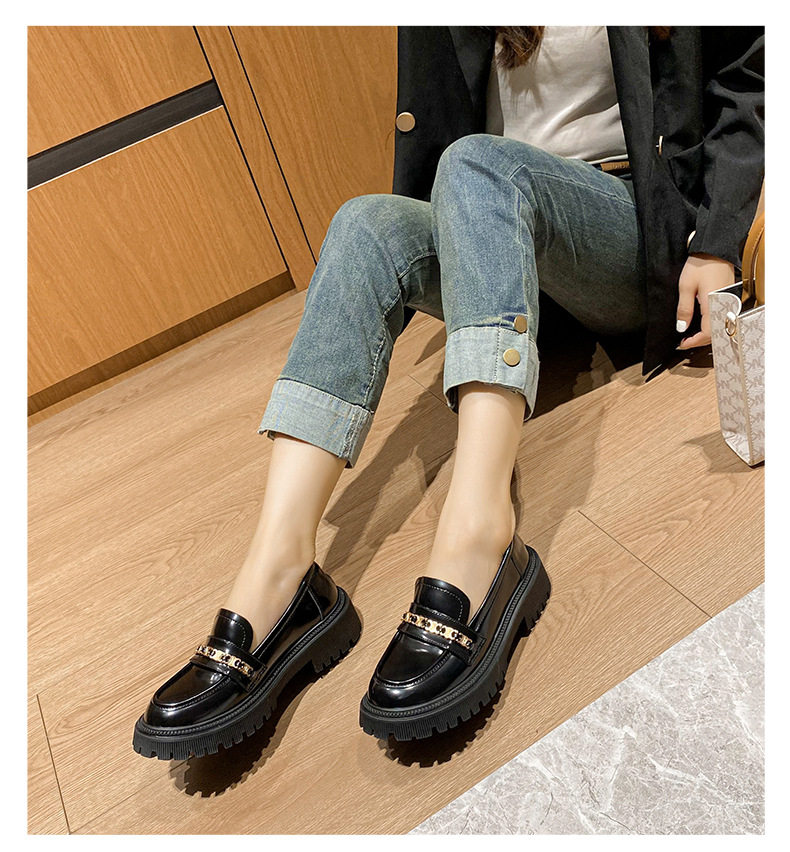 Giày lười nữ mũi tròn đế bằng gót thô 3-5 cm — Màu nâu, Màu đen chi tiết 13