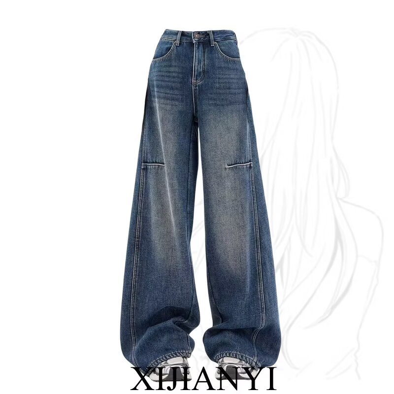 Straight-Leg Jeans for Women, Plus-Size American-Style Wide-Leg Pants, Loose Fit, Pear-Shaped, Body-Covering, Floor-Length Trousers