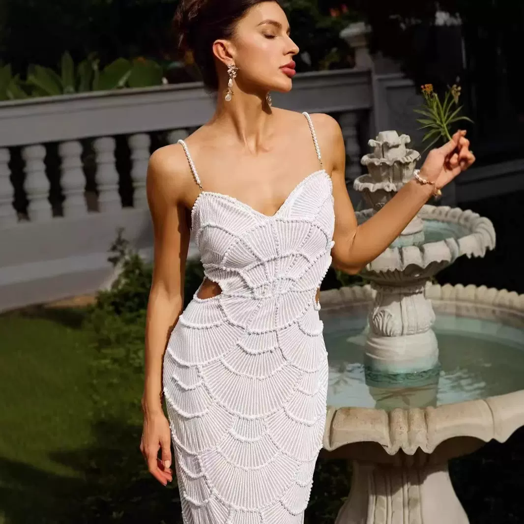 独立站货源女装白色珍珠亮片连衣裙名媛生日派对晚宴礼服女高级感