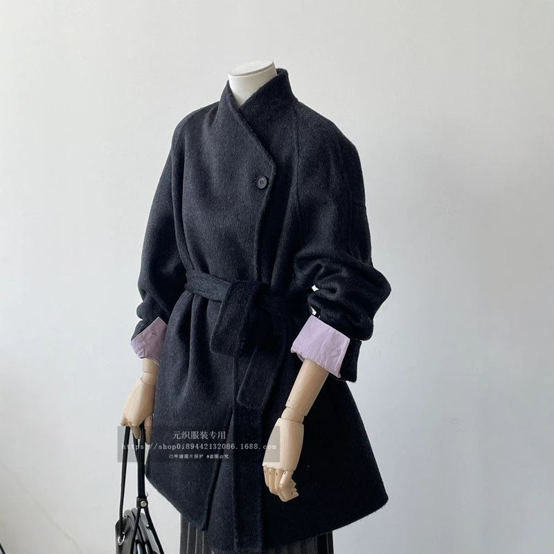 Internet Celebrity Best-Selling Korean-Style Double-Sided Hand-Stitched Wool Coat for Women, Short Style with Tie, Slimming Woolen Coat