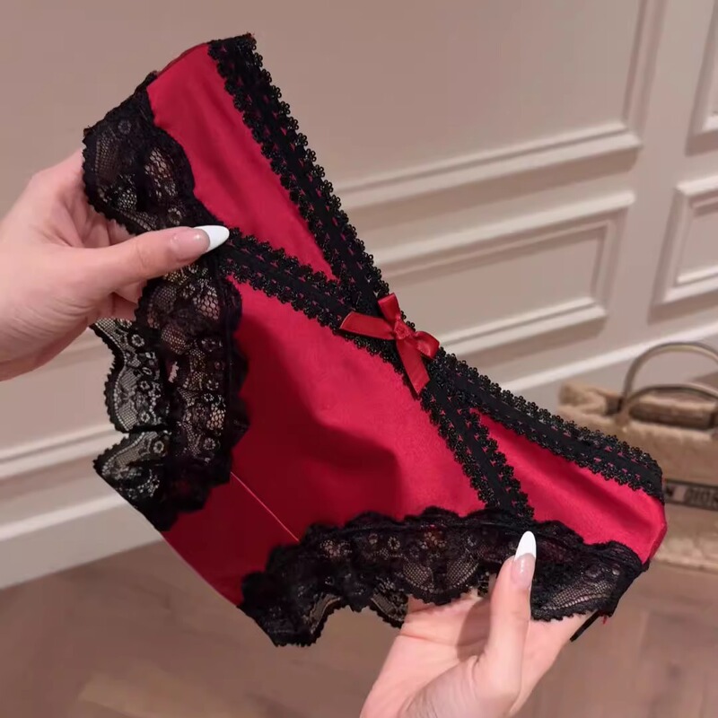 The popularity of Antra's red has reached Nane! Sexy Lace Underwear Women's Low Waist Pure Satin Briefs