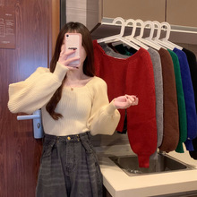 方领红色毛衣女2026春新年洋气内搭针织打底衫设计感小众泡泡袖