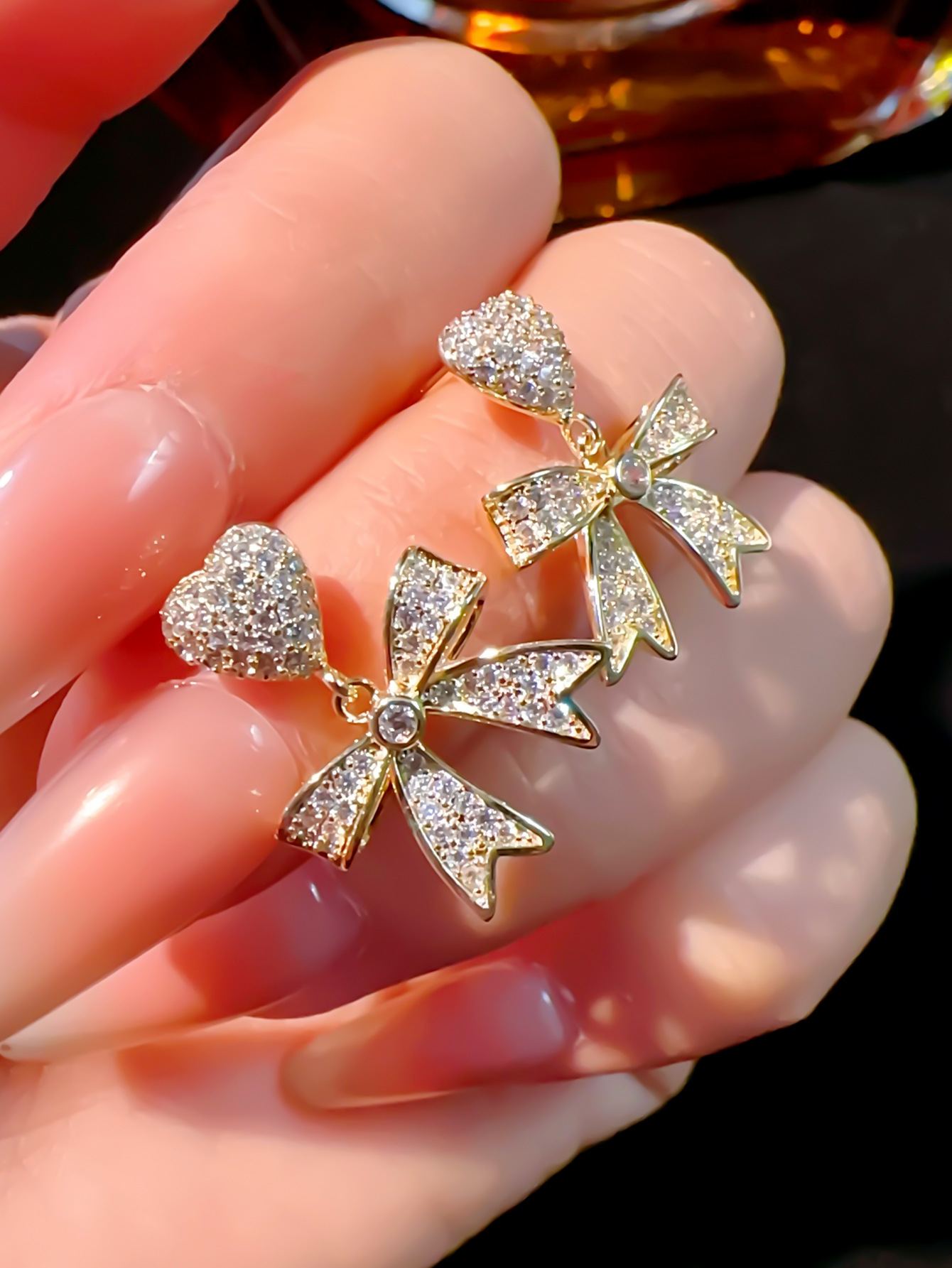 Copper Material 1 Pair Simple Style Heart Shape Bow Knot Plating Inlay Copper Zircon Drop Earrings