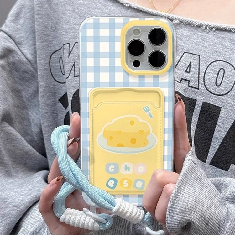 Blue plaid cheese card case for iPhone16 phone case 14Pro Apple cute 13/15 protective cover