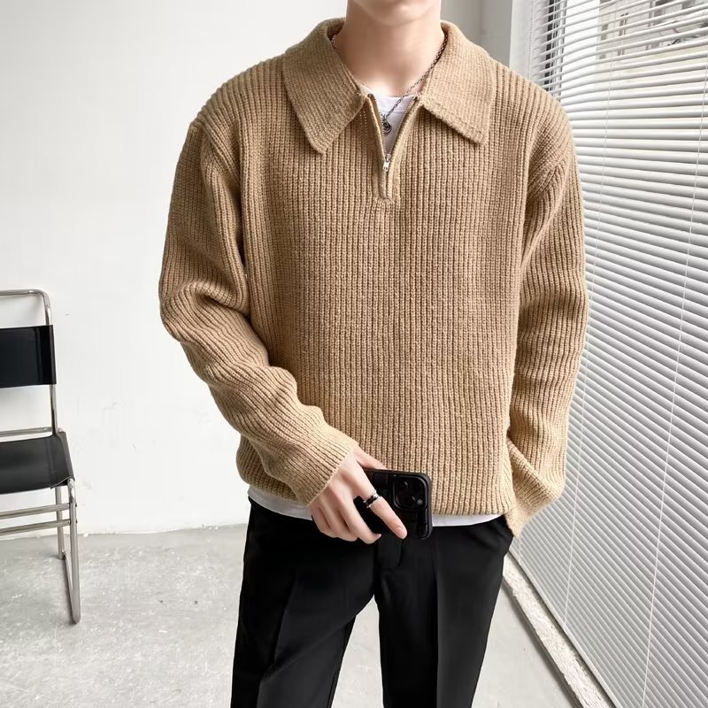 Retro coreano chic otoño e invierno estilo perezoso cuello POLO hilo suelto casual suéter de punto de manga larga para hombre