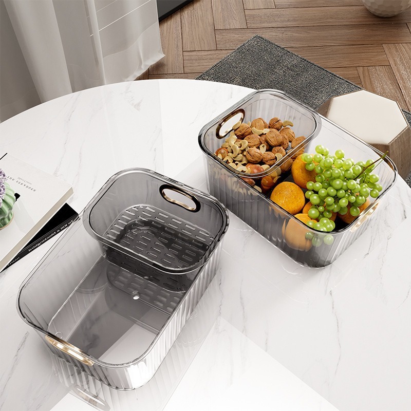 Bandeja de frutas de doble capa perezosa, canasta de drenaje de lujo ligero, bandeja de almacenamiento de dulces y bocadillos en la sala de estar, dispositivo de caja de semillas de melón