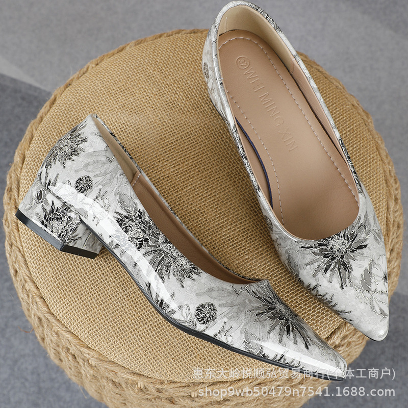 Women's Shallow-Mouthed Single Shoes with Floral Print, Pointed Toe, Low Heel, Chunky Heel Shoes, Wholesale for Foreign Trade and Cross-Border Commuting Casual Women's Shoes Women's Shallow-Mouthed Single Shoes with Floral Print, Pointed Toe, Low Heel, Chunky Heel Shoes, Wholesale for Foreign Trade and Cross-Border Commuting Casual Women's Shoes
