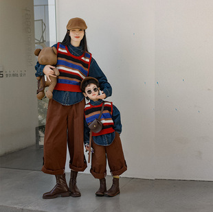Play together brand parent-child clothing spring mother-child mother-child women's clothing Japanese vintage striped sweater vest vest sweater