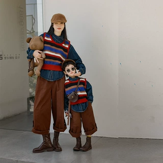 一起玩品牌亲子装春季母子母女装日系复古条纹针织衫背心马甲毛衣
