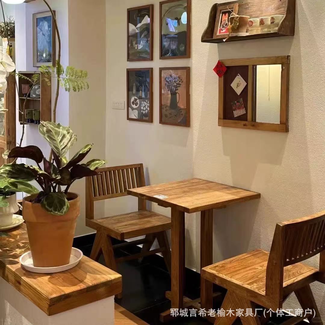 Vintage-style old elm wood retro square table for home use, double dining table for homestays, hotels, cafes, and taverns