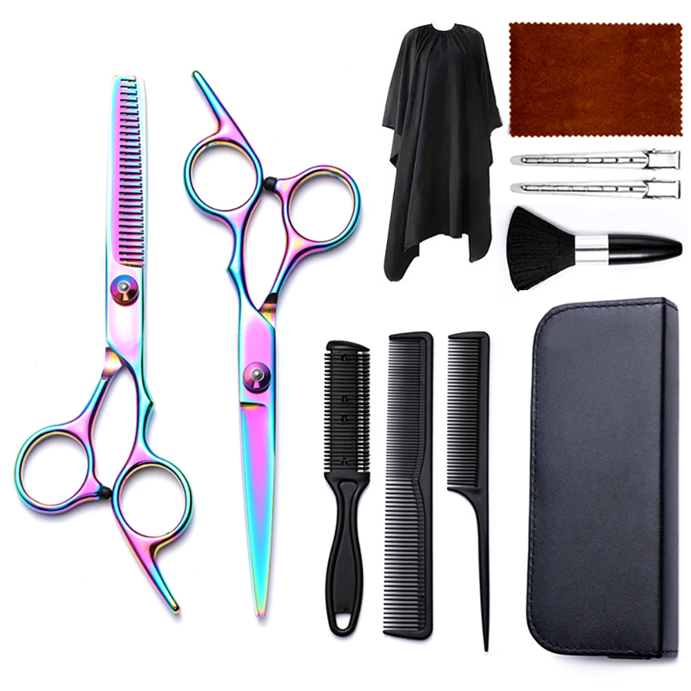 Corte de pelo tijeras transfronterizas amazonas color tijeras de dientes planas cortadas delgadas frange tijeras divisorias fábrica de tijeras al por mayor set de tijeras de peluquería