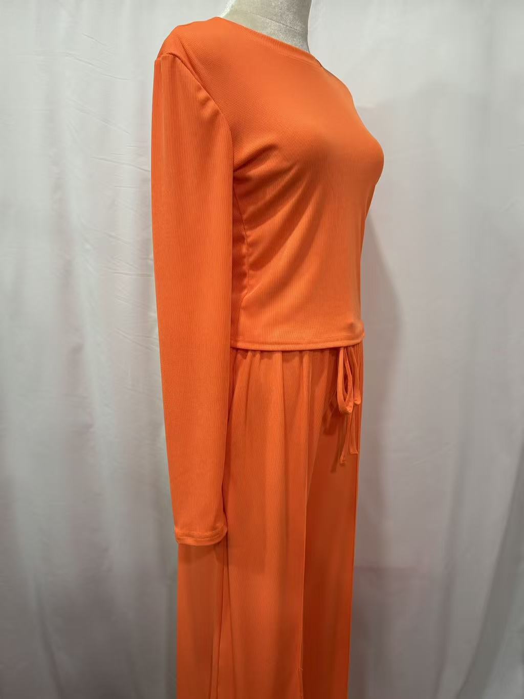 European American Cross-border Solid Color Ribbed Two-piece Set: Slim-fit Short Long-sleeve Top And Drawstring_ecoleips.com