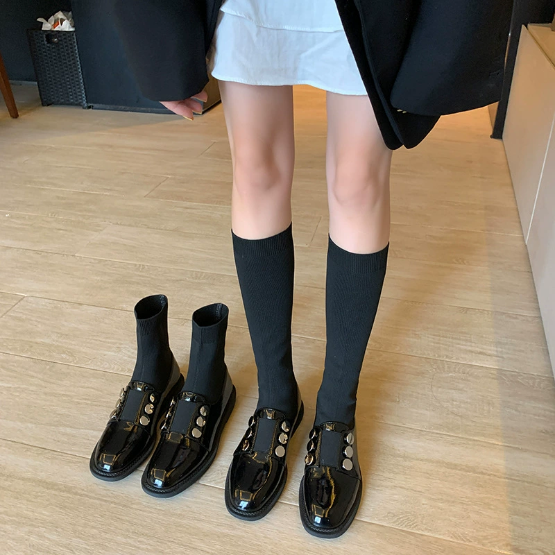 Носки-сапоги женские осенне-зимние Лоферы маленькие кожаные туфли в британском стиле высокие сапоги из лакированной кожи маленькие короткие сапоги тонкие эластичные сапоги