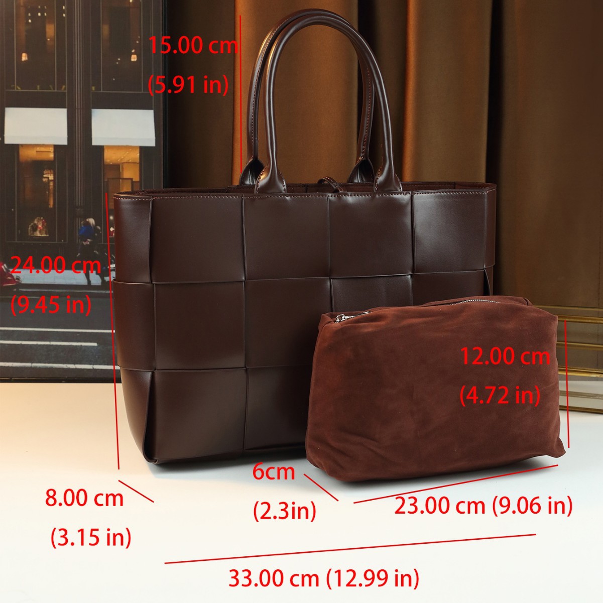 High End Hand Woven Large Capacity Tote Bag For Women Casual Business Use PU Leather Black Blue Zippered Multi-compartment_voghion.com