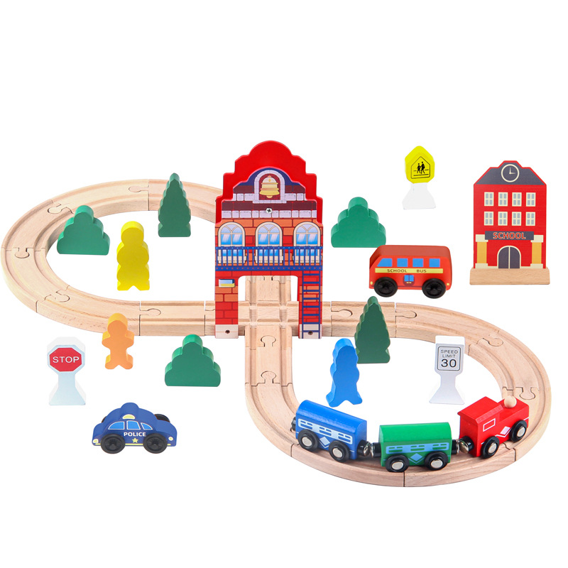Niños de madera 36 piezas de torre de reloj de 8 carril tren de haz de tráfico puzzle compatible con todas las marcas