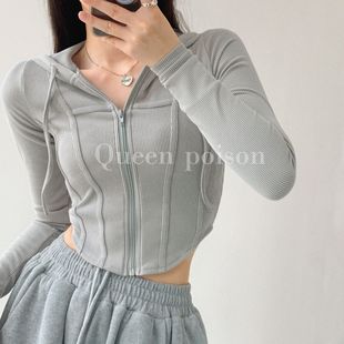 European and American Hooded Zipper Cardigan Women's Spring Vintage Slim-fit Slimming Sports Jacket Short Cropped Long-sleeved Top