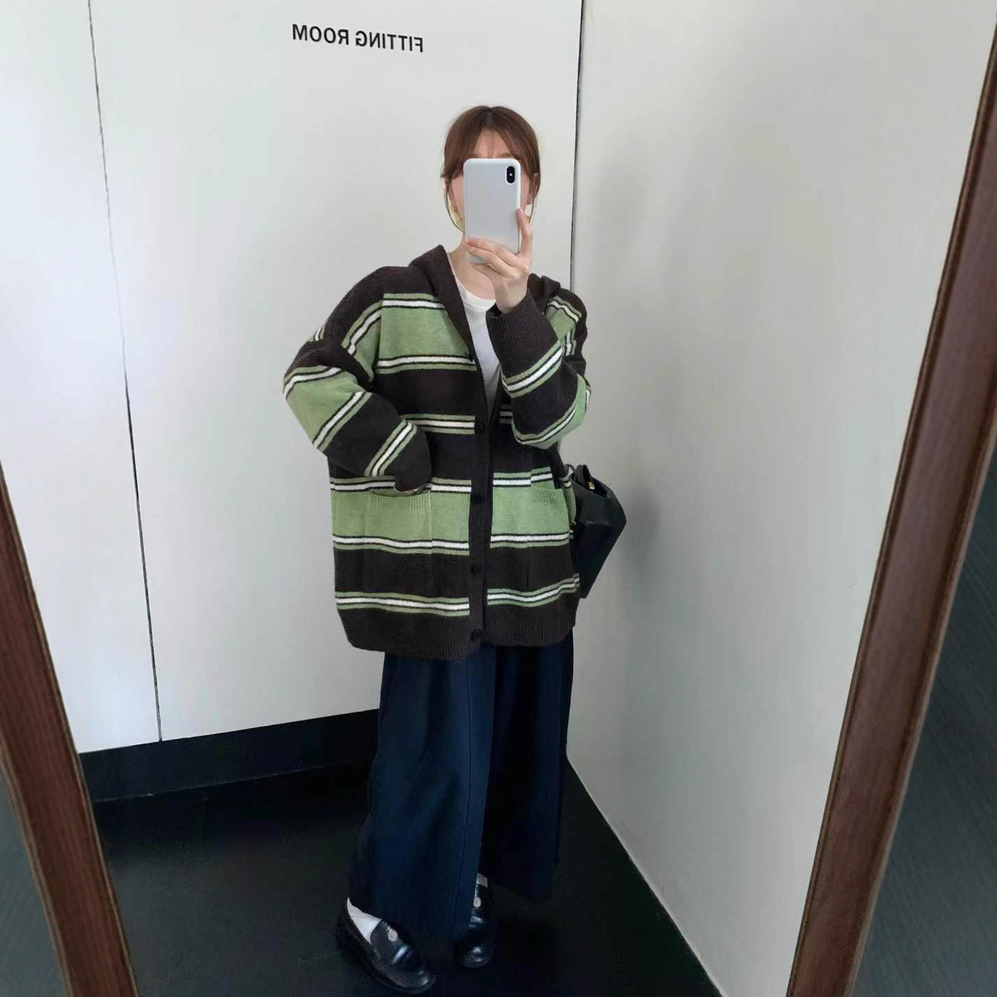 复古条纹连帽针织开衫毛衣女装撞色慵懒超显瘦早秋冬新款百搭外套