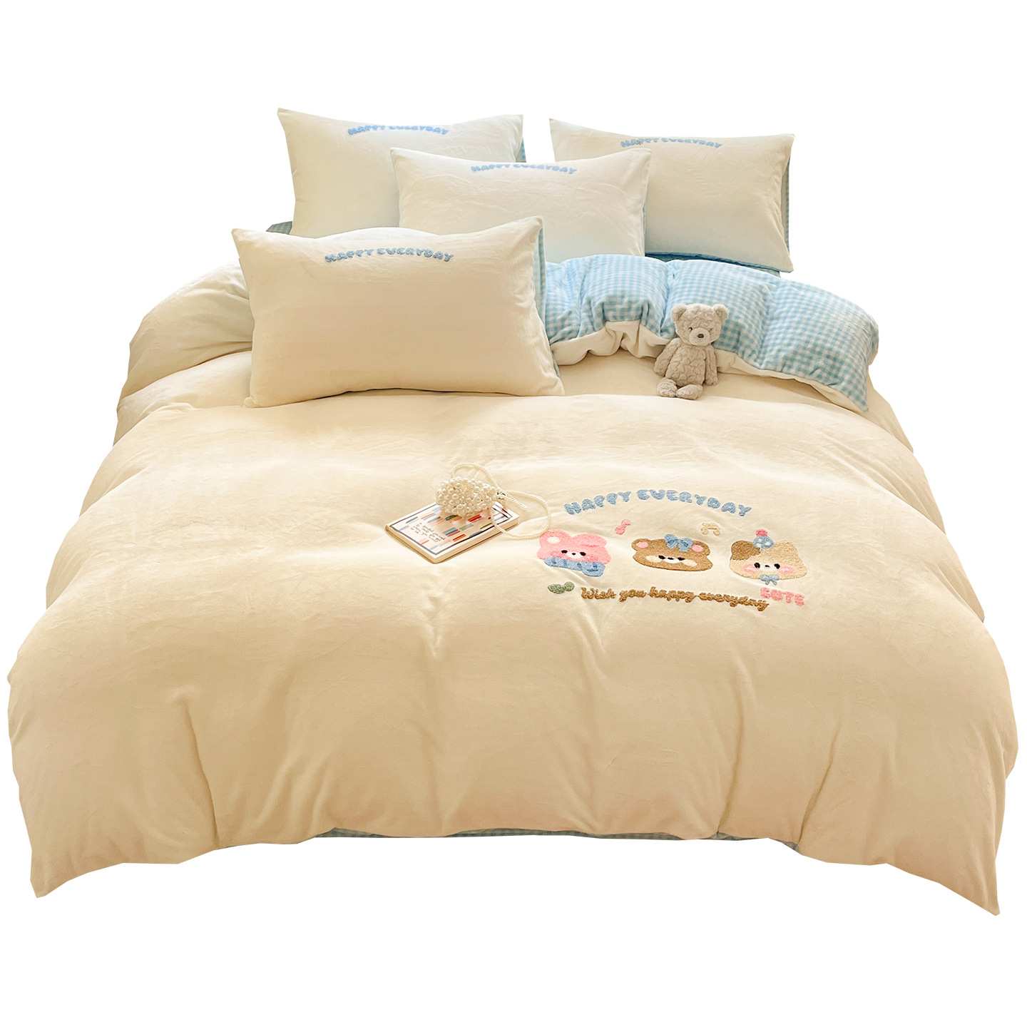 Cama de dibujos animados de lana de leche con cuatro piezas, sábanas de lana de coral gruesas, cubierta de cama de invierno y otoño, ropa de cama de cama de tres piezas