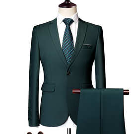 男式2件套修身西服套装两粒扣西装外套燕尾服婚礼舞会商务装绿色