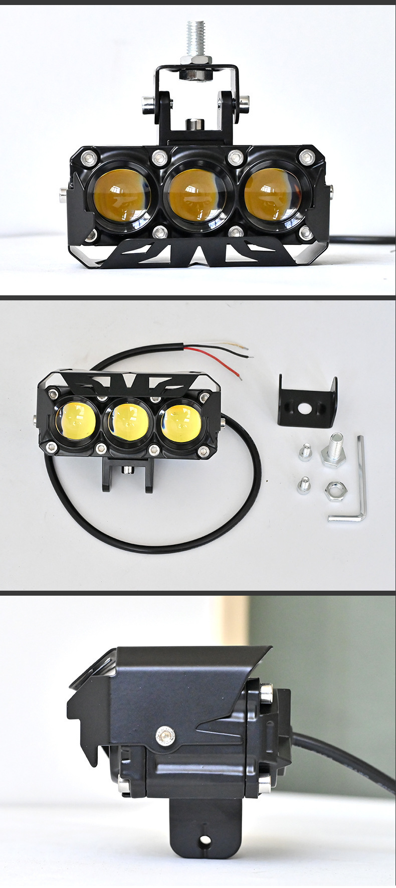 Motorcycle Spotlight with Three Lenses, Fan, Dual-Color Led Headlight, High and Low Beam, Super Bright Electric Motorcycle Headlight