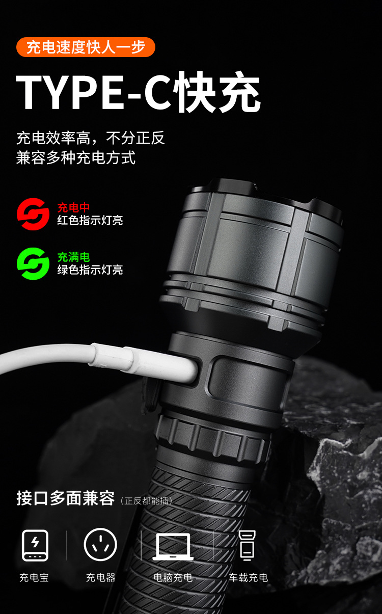 Cross-Border High-Intensity Long-Range Tactical Flashlight with Telescopic Zoom, Adjustable Brightness, Outdoor Flashlight, Aluminum Alloy, Waterproof, Rechargeable Model
