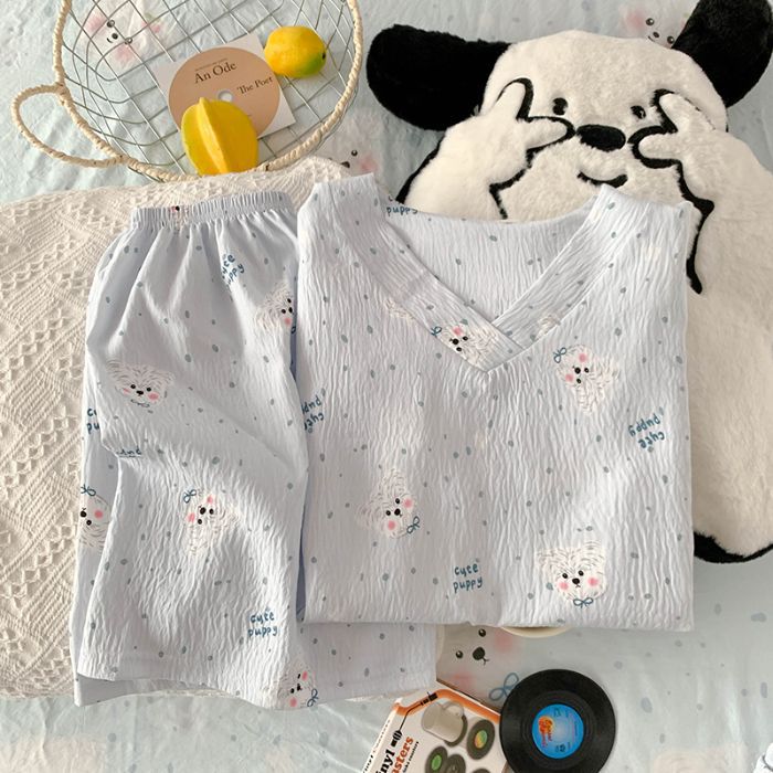 Vietnam transfronterizo transmisión en vivo estilo caliente verano con cuello en V nube pijamas de algodón pantalones de manga corta para mujer traje de servicio a domicilio para estudiantes de dibujos animados