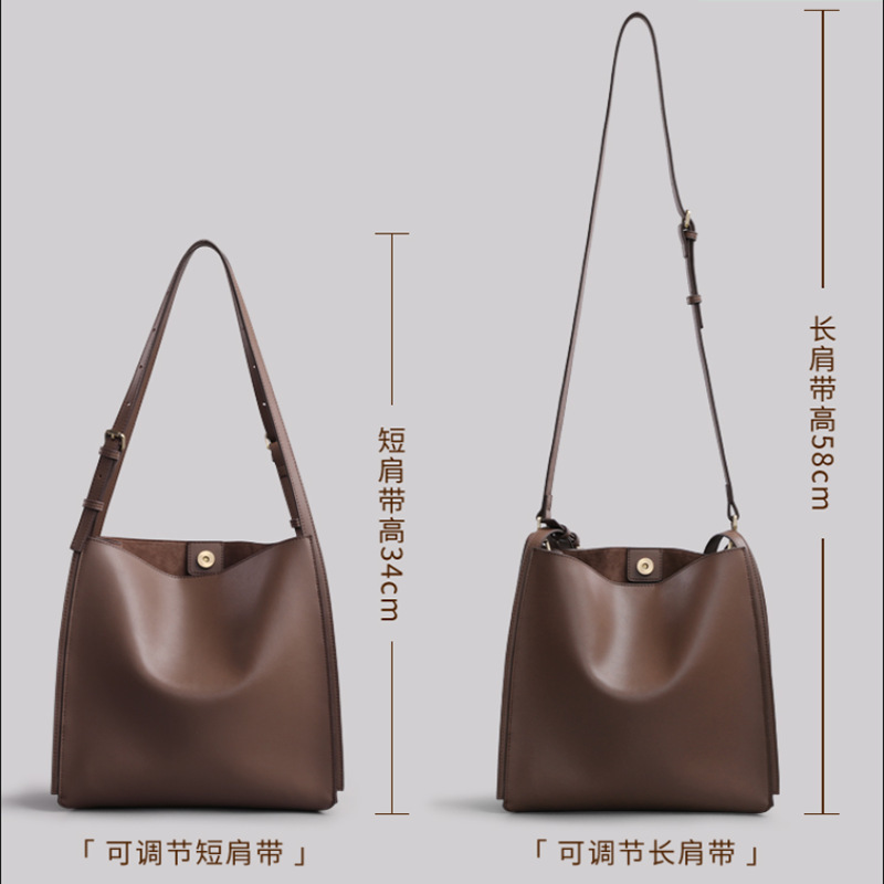 2026 Women's Genuine Leather Bucket Tote Bag, Large-Capacity Retro Commuter Crossbody - Thumbnail 3