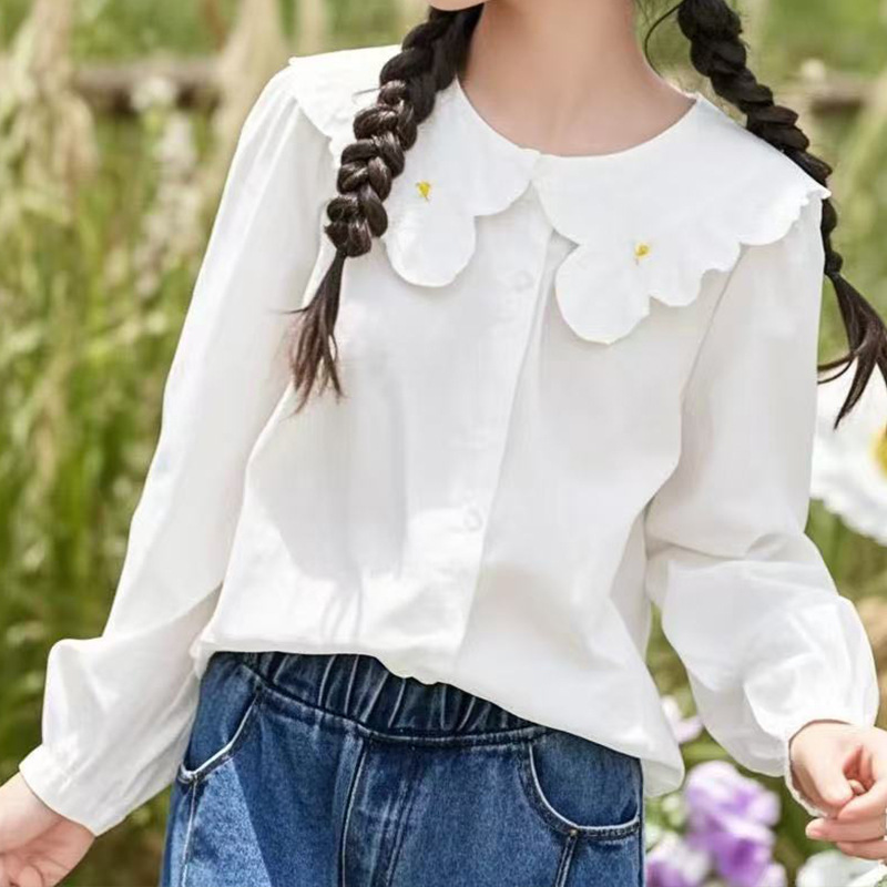 子供服の女の子の花の子供の襟の白いシャツの秋の子供の中で大きい子供の洋風の長袖のシャツの学院の風|undefined