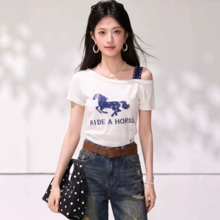 R6683小个子内搭烫钻斜领露肩短袖女夏季t恤小马高级感上衣辣妹