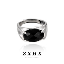 s925纯银镶嵌黑玛瑙戒指男女款冷淡风小众设计开口可调节宝石指环