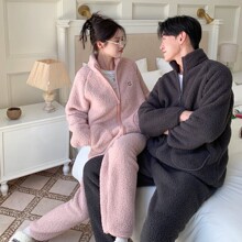 纯色男款加厚情侣睡衣羊羔绒家居服女冬保暖立领拉链外穿套装