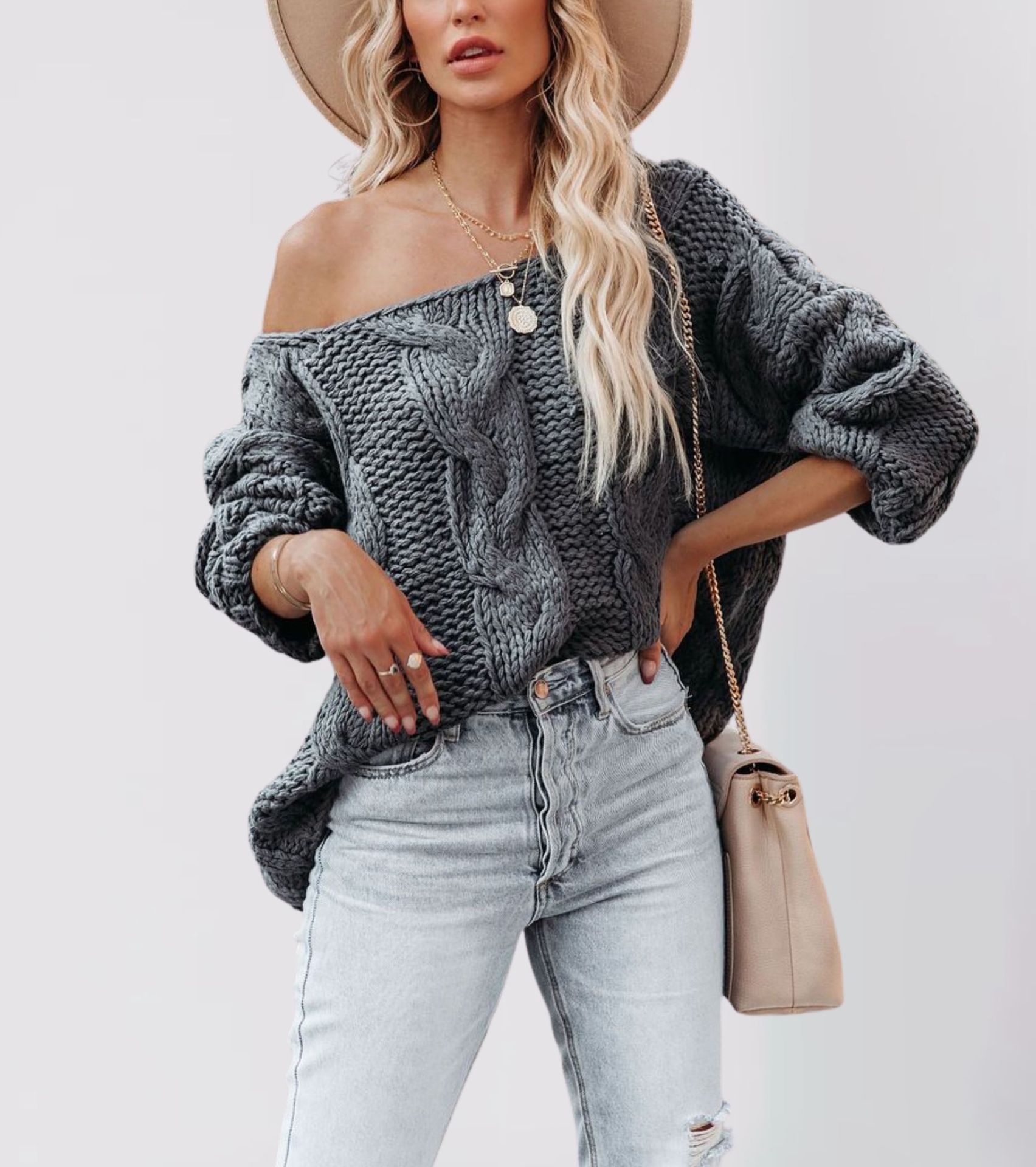 Suéter Holgado de Punto con Hombros Descubiertos y Estilo Urbano Europeo y Americano, Nuevo en Amazon para Otoño/Invierno 2025, Talla Grande para Mujer