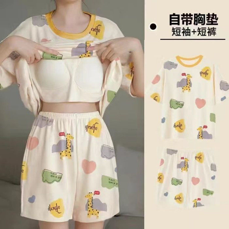 Cute Cartoon Pajamas with Breast Pads for Women, Summer Large Size Short-Sleeved Shorts, Pure Cotton Student Home Casual Set Cute Cartoon Pajamas with Breast Pads for Women, Summer Large Size Short-Sleeved Shorts, Pure Cotton Student Home Casual Set