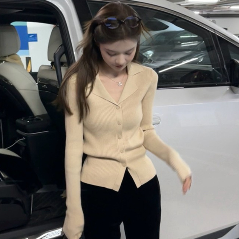 Beige Chic Button-Down Polo Collar Short Top 2026 Early Spring Gentle Style Korean Sweater Knit Base Shirt for Women