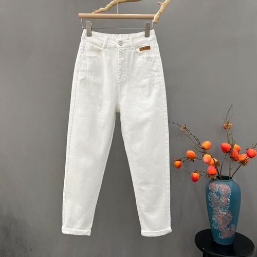 Women's new versatile loose-fitting high-waisted ribbed dad jeans in cream white for spring and summer casual wear