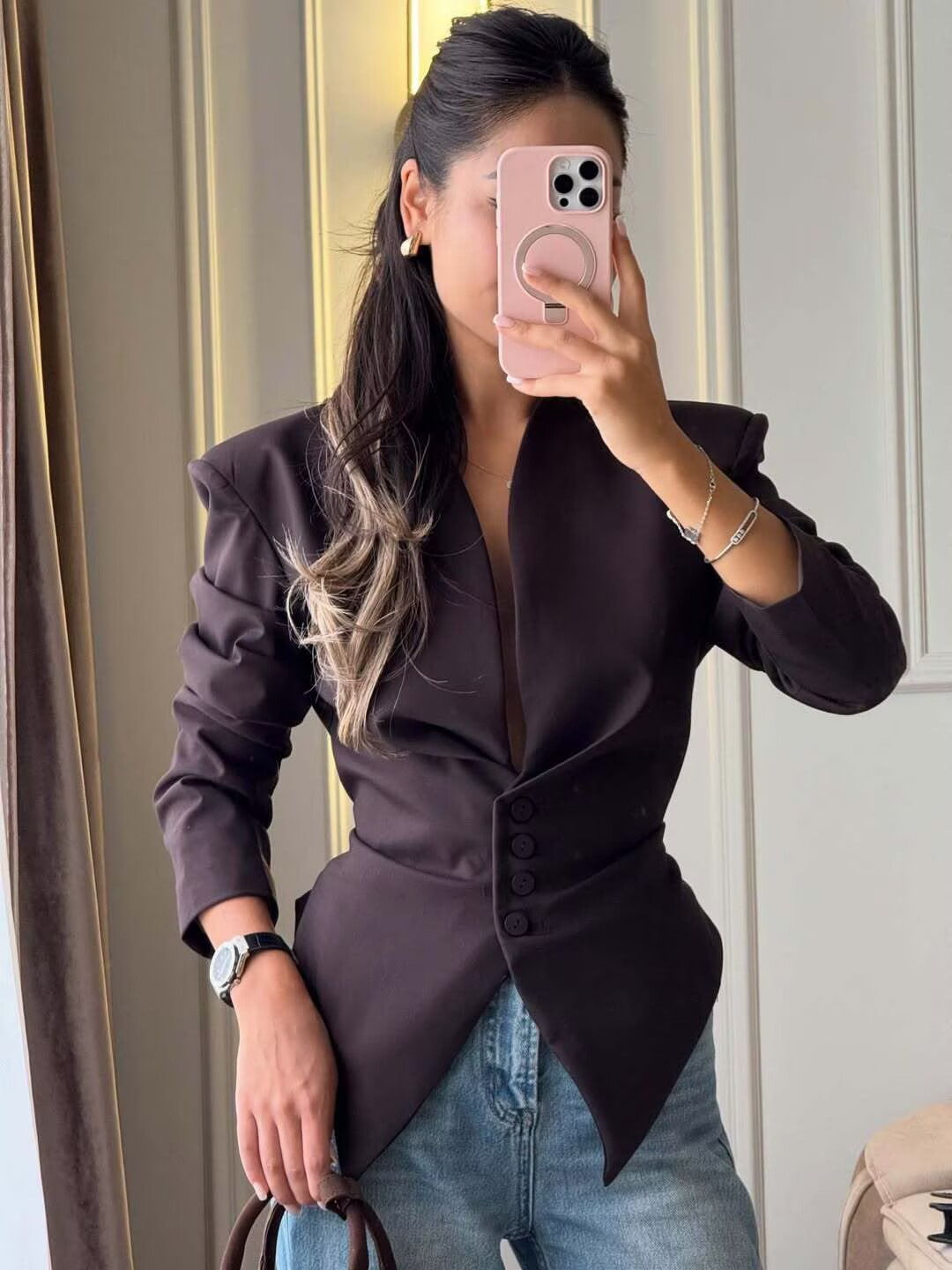 Qadın qısa blazer, büzməli, beli sıxan, düz rəngli