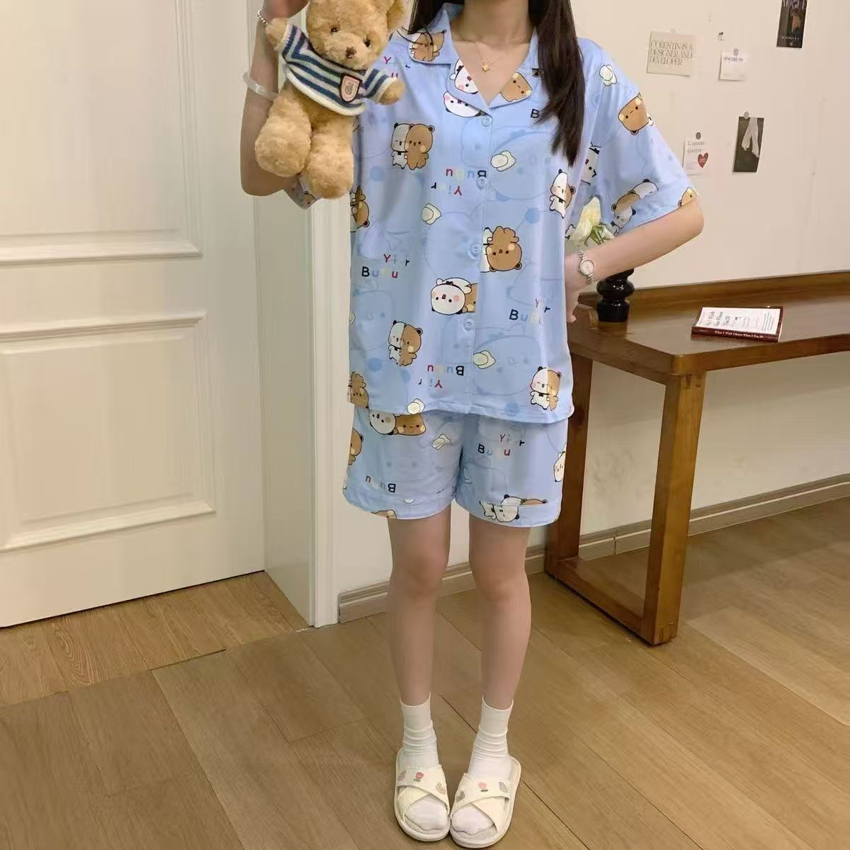 新款可爱一二布布睡衣女款夏季纯棉短袖短裤家居服套装学生翻领
