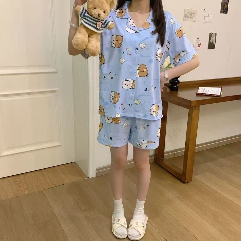 New Cute One-Piece Cotton Pajamas for Women, Summer Short-Sleeve Shorts Loungewear Set with a Turn-Down Collar for Students New Cute One-Piece Cotton Pajamas for Women, Summer Short-Sleeve Shorts Loungewear Set with a Turn-Down Collar for Students