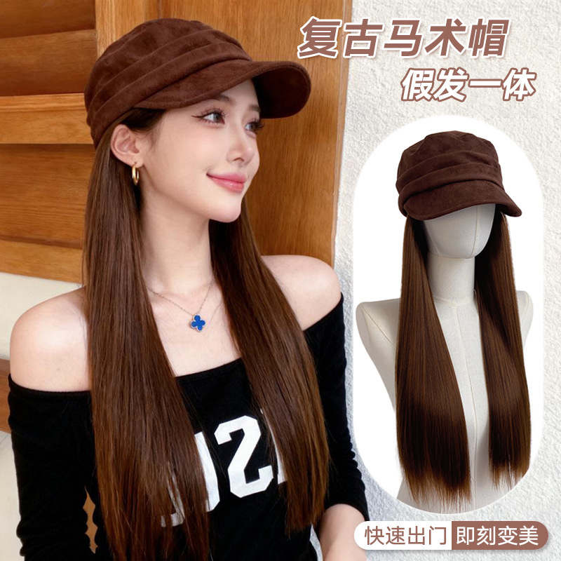 Factory Direct Sales Equestrian Flat Top Hat with Wig All-In-One Female Long Straight Hair Natural Artificial Hair Full Headgear One Piece Drop Shipping